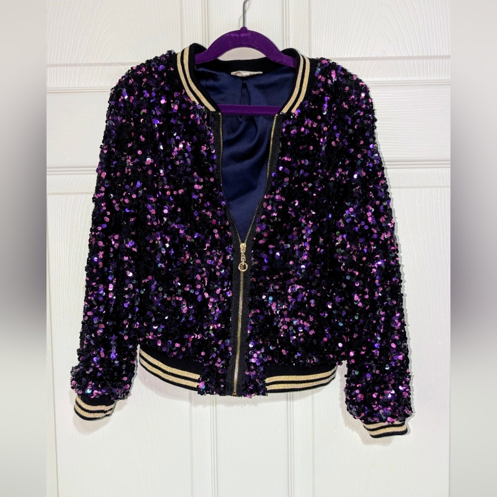 💖Host Pick💖 Hannah Banana Purple Sequin Girls Bomber Jacket -Sz 10